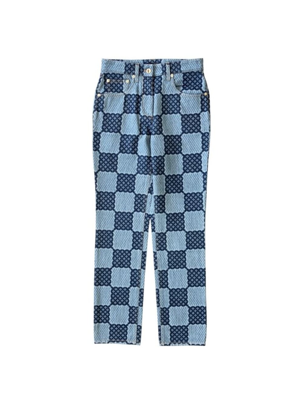 Louis Vuitton 24 AW Damier Denim Pants Zipper Fly Monogram Patch Indigo Blue 36